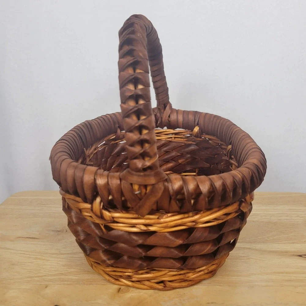Vintage Woven Curl Splint Basket Wood Ribbon Gathering Farmhouse Oval 12x8.5x5